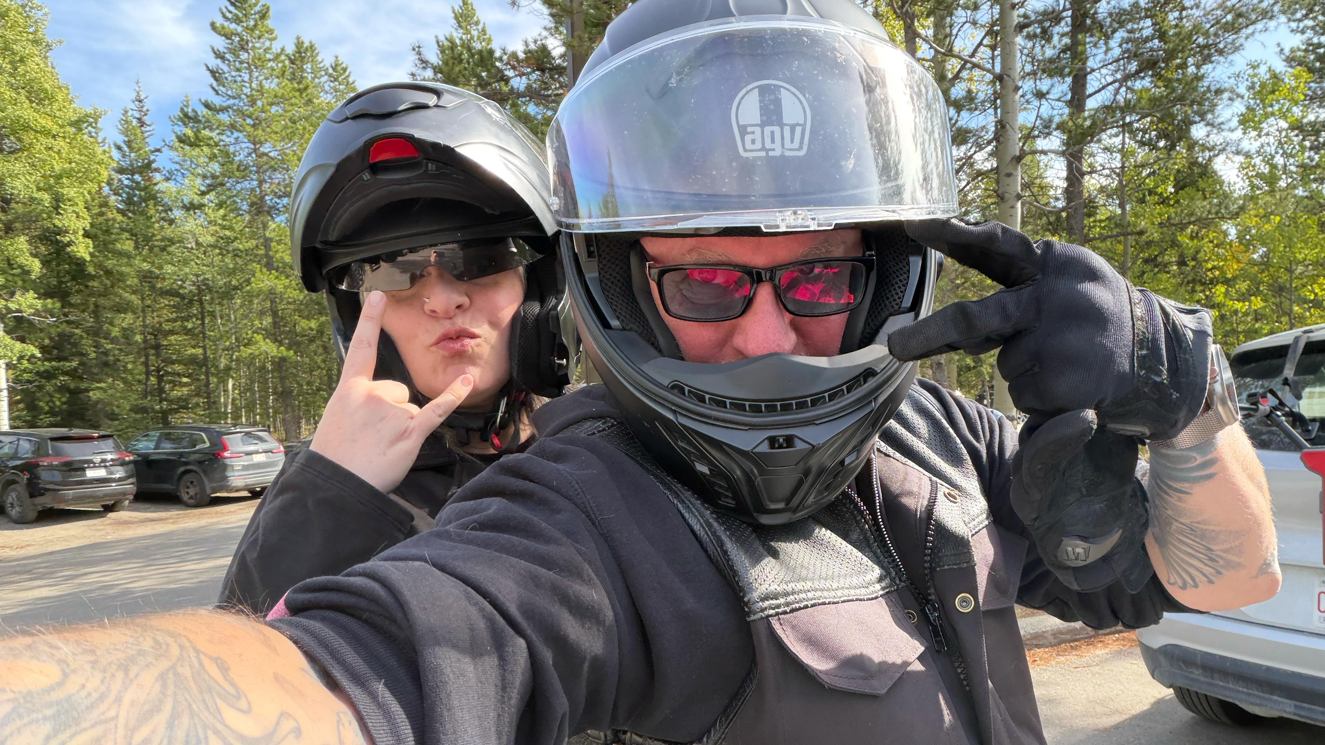 Autumn Ride — The sun was shining and it was +20º as we rode west, the leaves just starting to turn. It was my call where we'd end up, and somewhere before Stoney Nakoda I'd have to actually decide.