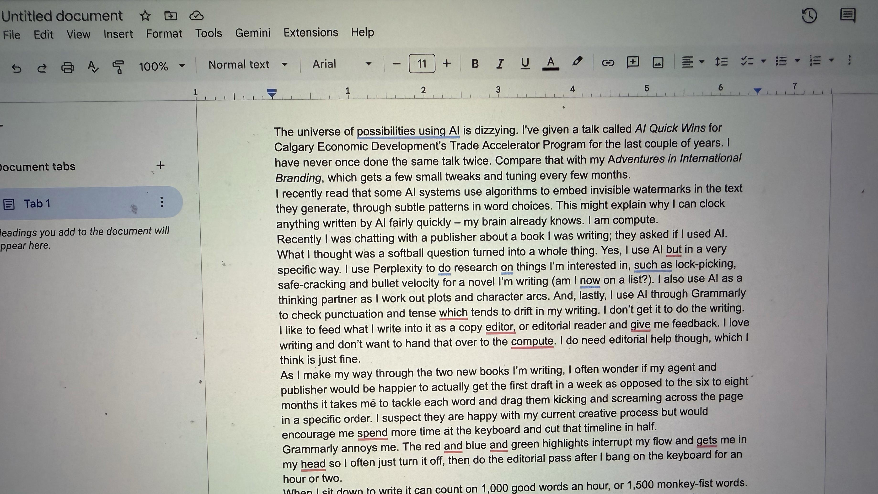 AI Writing — Yes, I use AI. I use it to research lock-picking and bullet velocity for a novel, and to catch the tense drift in my sentences. I don't use it to write. That part is mine.