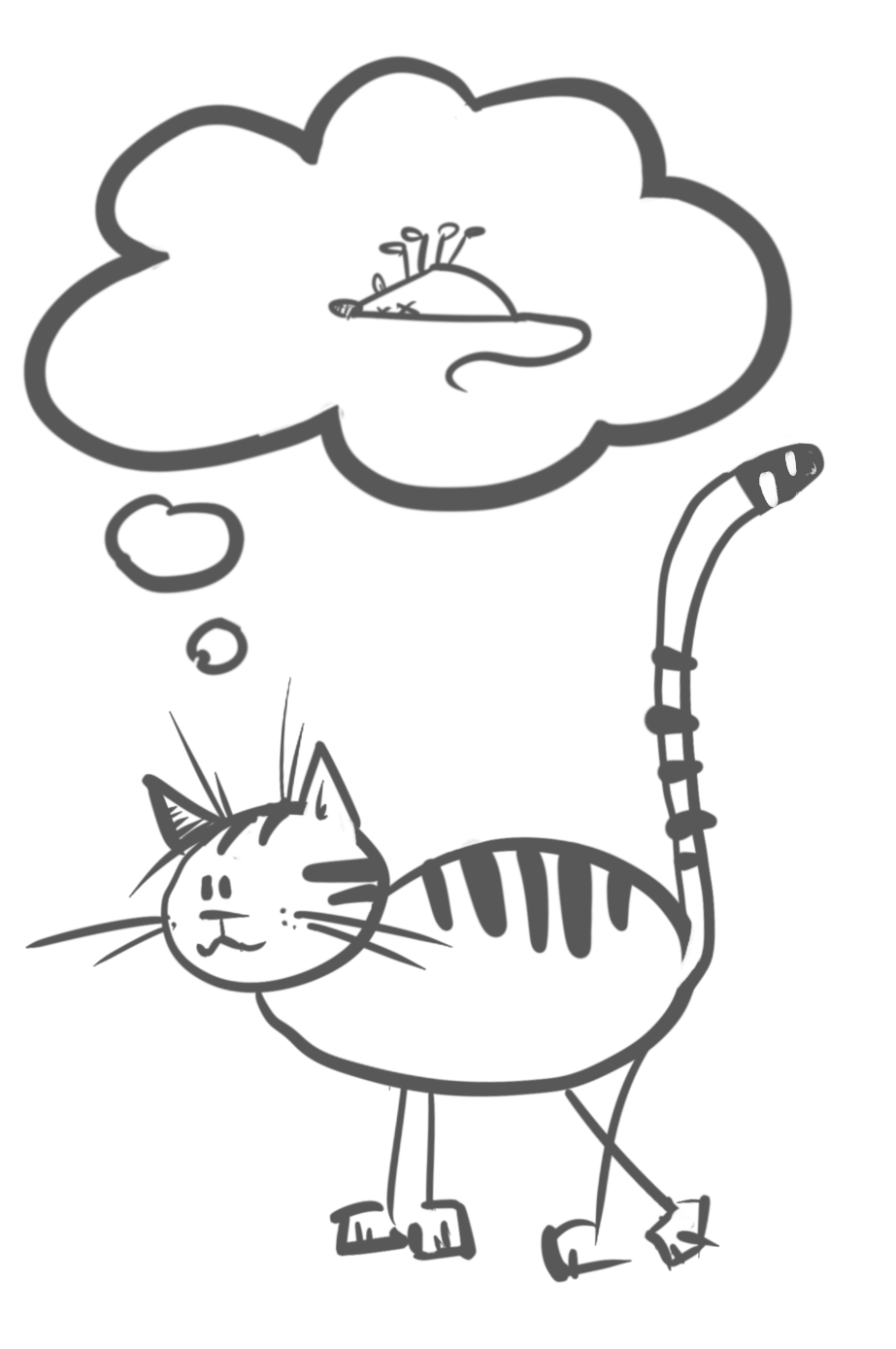 Dinner Dreamin' — Playing around with some loose cat concepts in preparation for the CatFest this weekend. Stick legs, simple shapes, stripes, dead mouse.