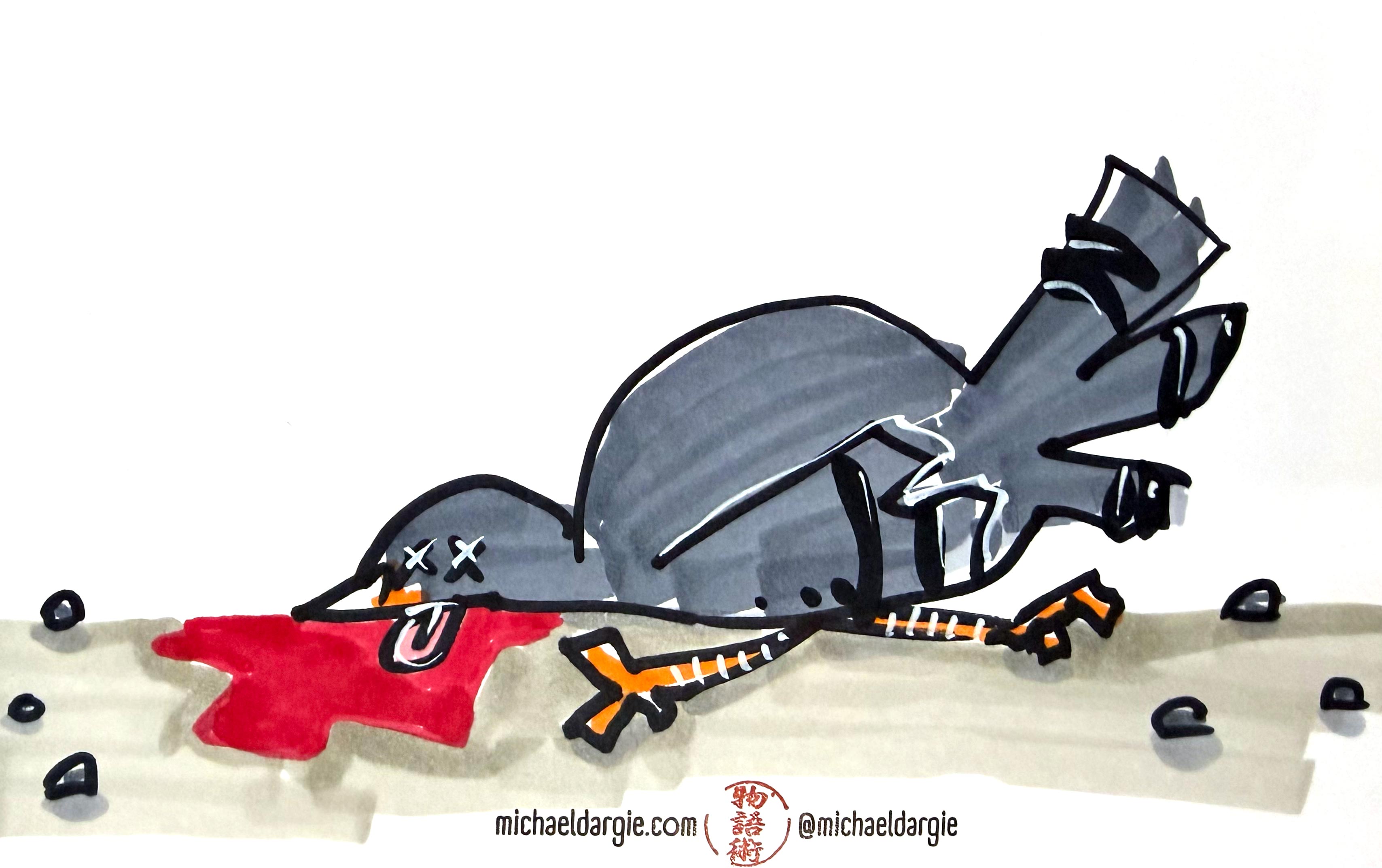 Broken Pigeon — I love pigeons. I saved one once named "Thor: Pigeon of Thunder" The pigeon I doodled met a heroes end with swords. Heroic.